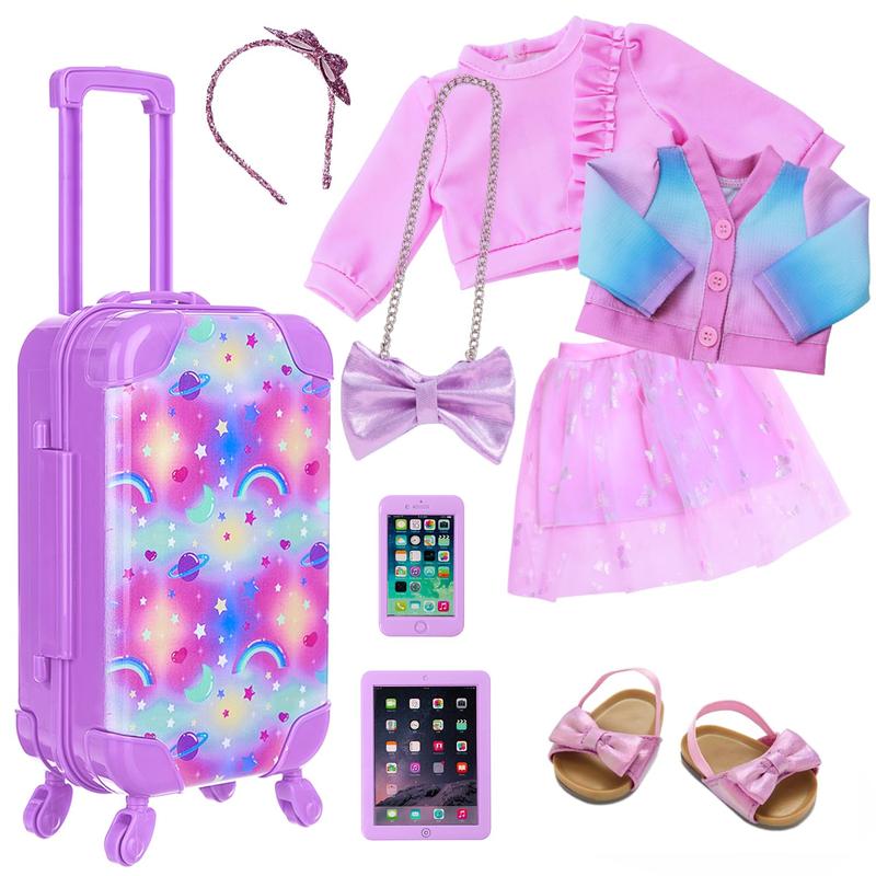 18 Inch Girl Doll Accessories Suitcase Set with Storage Box, Clothes, Skirt, Shoes, Crossbody Bag, Headband, Toy Phone, Toy Tablet (No Doll)