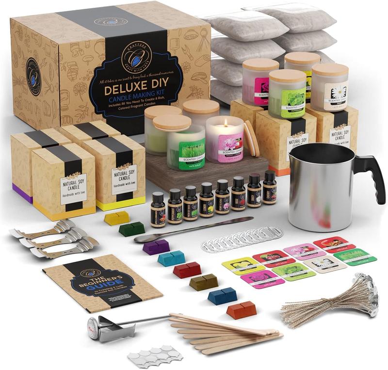 CraftZee Deluxe Soy Candle Making Kit with Soy Wax, Scents, Frosted Glass Jars, Wicks, Dyes, Melting Pot, Gift Box, Instruction Manual & More