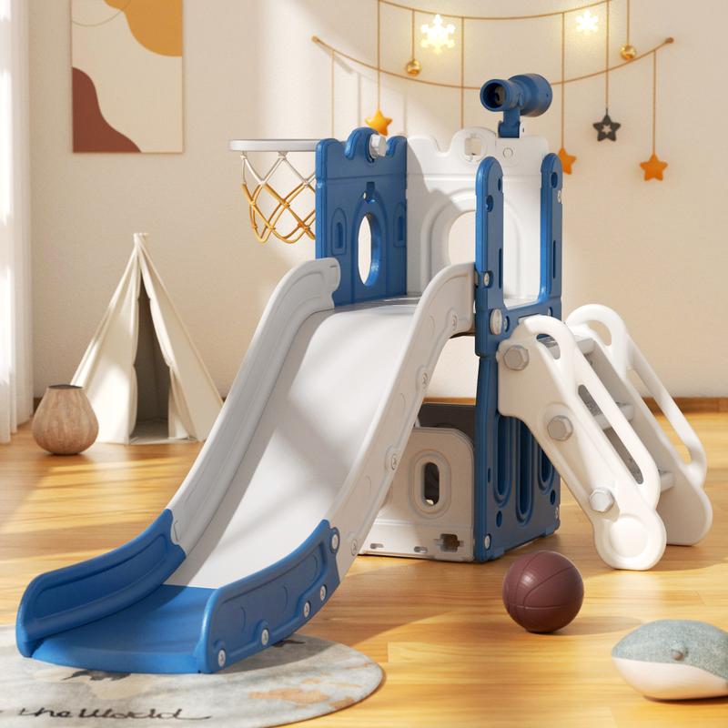 KORIMEFA 5-in-1 Toddler Slide Set in Blue Freestanding Climber Playset for Kids, Outdoor Indoor Playset with Basketball Hoop and Ball