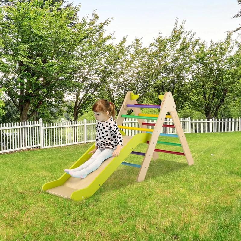 Kids Triangle Climber with Slide, 2-in-1 Wooden Climber Set with Safety Handrail, Height Adjustable Ladder for Climbing & Sliding, Indoor & Outdoor Playground Climber Ladder Set for Boys & Girls