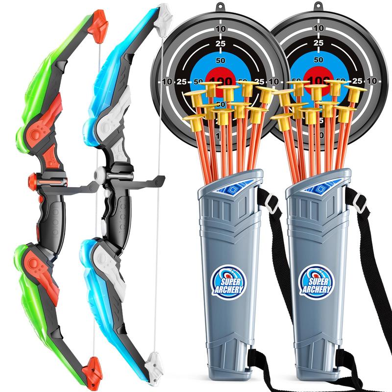 2 pack set archery bow arrow toy set outdoor hunting play with 2 bow 20 suction cup arrows 2 target & 2 quiver, LED light up function toy, outdoor toys,