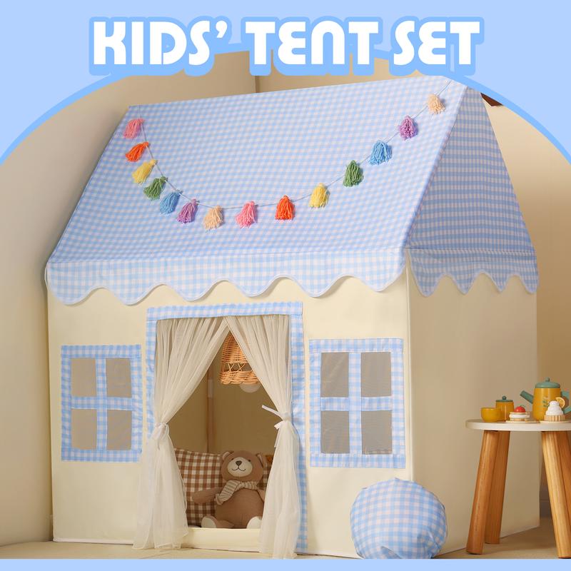 Sumbababy Princess Tent Castle House for Girl with Blue Checkered, Mat, Colorful Hangings, Star Lights Princess Kid Toy Gift Indoor Outdoor Game