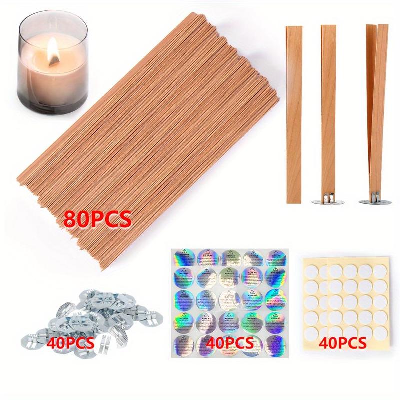 Wooden Candle Wicks Kit, 70 100 200pcs set Candle Making Wicks & Candle Warning Stickers & Base Adhesive Stickers, Candle Making Accessories, DIY Candle Making Supplies for Home Decor