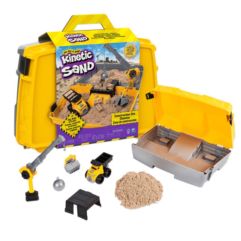 Kinetic Sand, Construction Site Folding Sandbox Playset with Vehicle and 2lbs Kinetic Sand, for Kids Aged 3 and up