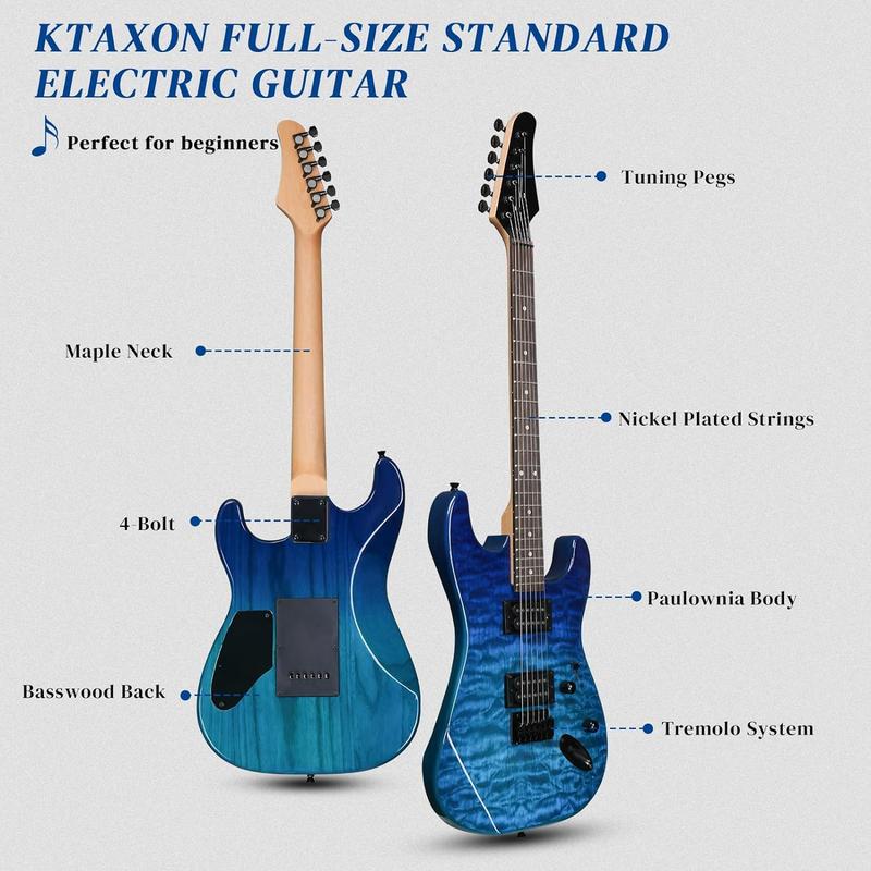 Ktaxon 39 Inch Electric Guitar, Full Size Solid Body H-H Pickups 6 Strings Beginner Guitar Kit With Upgrade Cable & Guitar Capo, Tremolo Arm, Gig Bag & Strap (Ocean Blue)