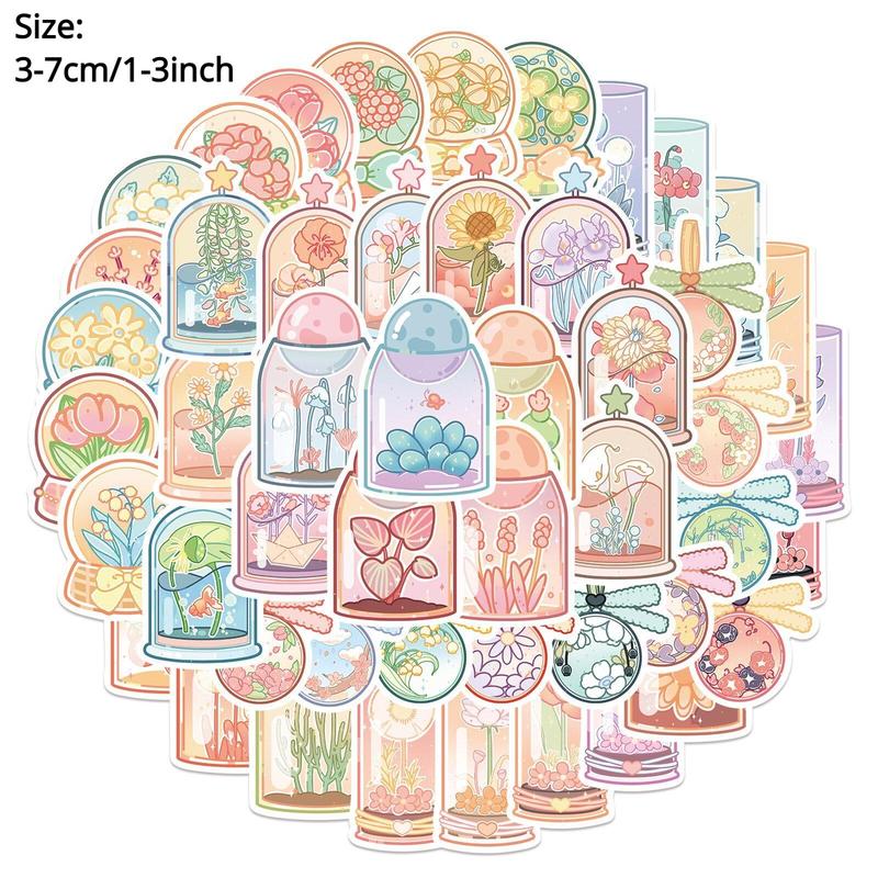 Cartoon Flower Bottle Series Sticker, 50pcs Waterproof Decorative Sticker, DIY Decal For Water Bottle, Laptop, Phone Case, Scrapbooking, Journal Making, DIY Spring Decor Ideas