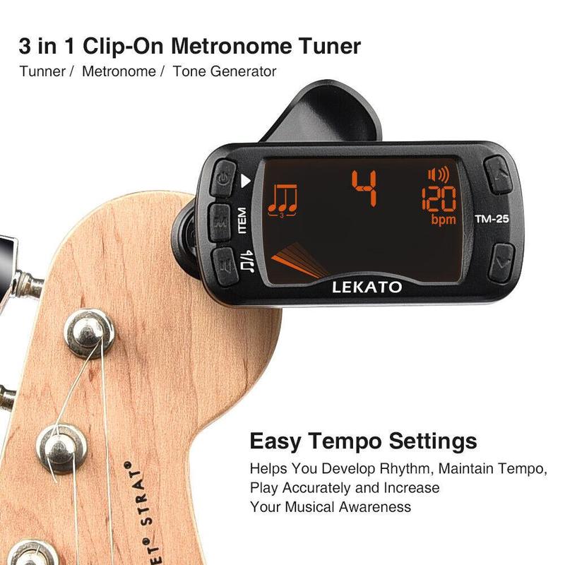 LEKATO Guitar Tuner Clip On Metronome Tuner Tone Generator, 3 in 1 Multifunction Portable for All Instruments Bass Chromatic Instruments Violin and Ukulele