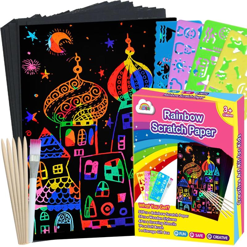 Scratch Paper Art Set, 60 Pcs Rainbow Magic Scratch Paper for Kids Black Scratch Off Art Crafts Kits Notes with 5 Wooden Stylus for Girls Boys Toy Halloween Party Game Christmas Birthday Gift