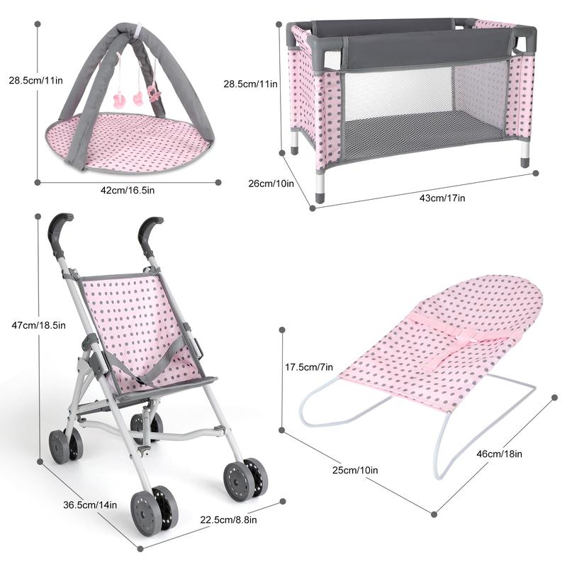 deAO Doll Stroller Crib Bed Nursery Role Play Set with Accessories and Play Mat,Travel Cot,Bouncer,Foldable Stroller and Travel Bag Gifts