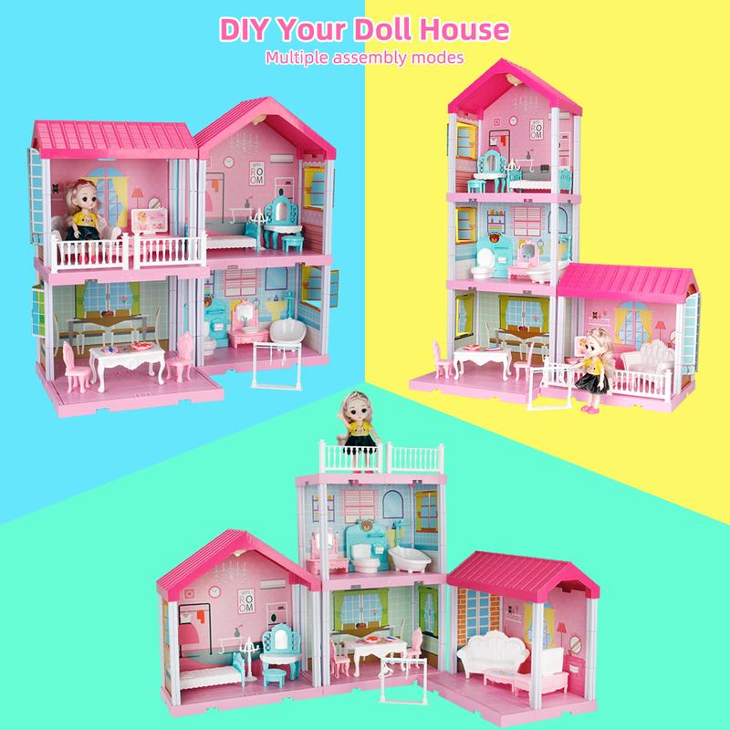 Dollhouse Building Toys, Princess Doll House, Playset with Lights, Furniture, Accessories and Dolls, Cottage Pretend Doll House Set, Creative Present for Girls Toddlers (4 Rooms)