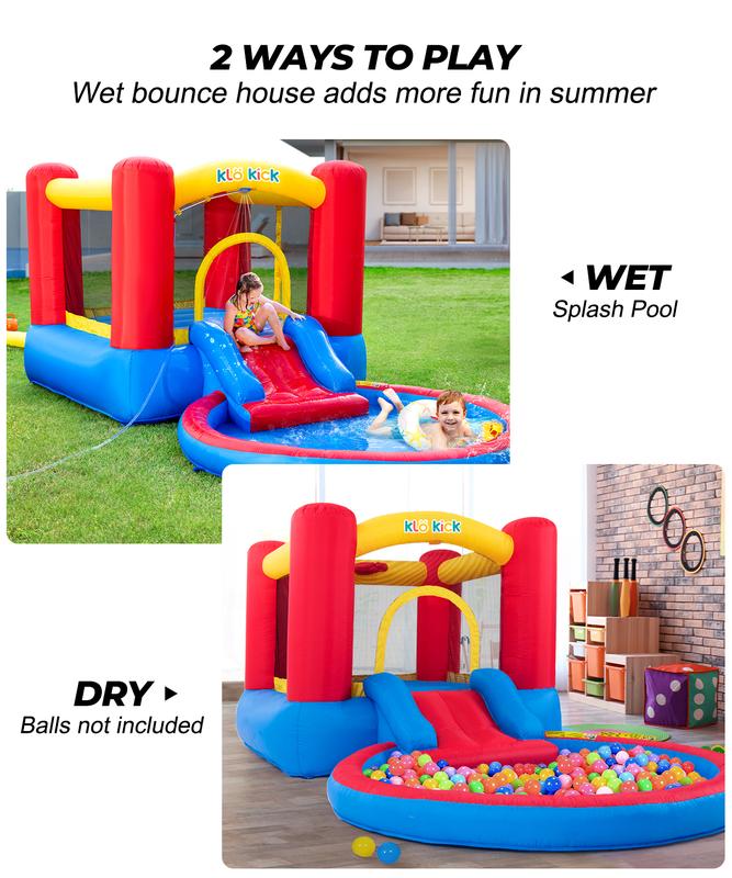 Klo Kick Inflatable Bounce House with Blower for Kids 3-5 y o, Bouncy Castle w Waterslide & Pool for Wet Dry Combo- Red