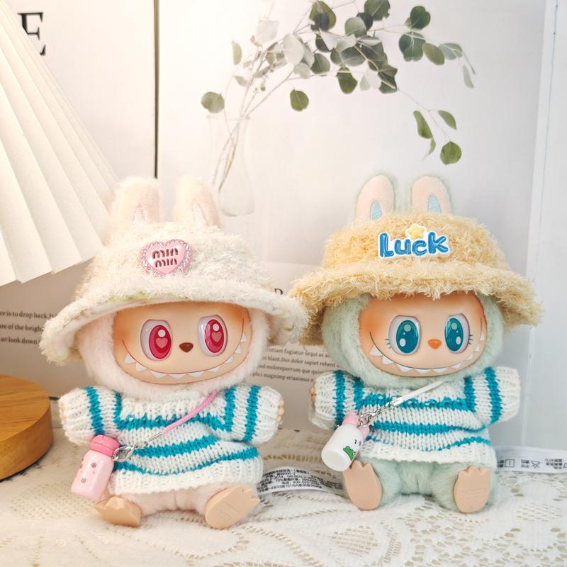 (Clothes Only) Doll Clothes labubu Monsters knit Clothes with Hat Bottle Camera Shoes Glasses, labubu Have A Seat and Macarons Version Christmas Winter Outfit