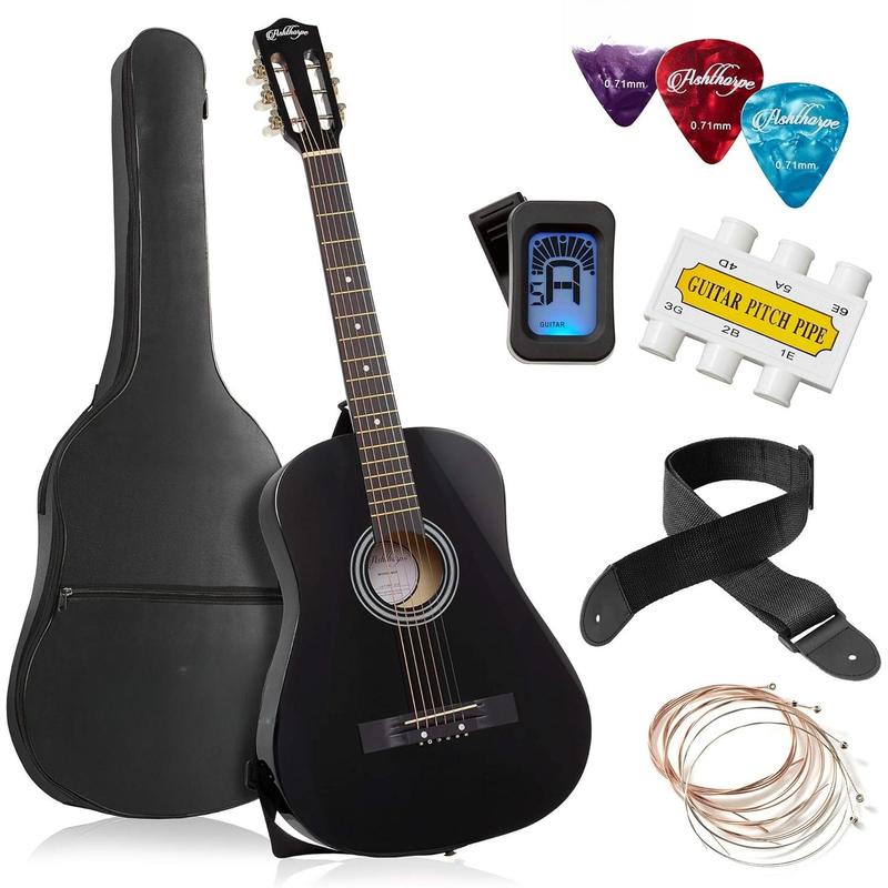 38-inch Beginner Acoustic Guitar Package (Black), Basic Starter Kit w Gig Bag, Strings, Strap, Tuner, Pitch Pipe, Picks