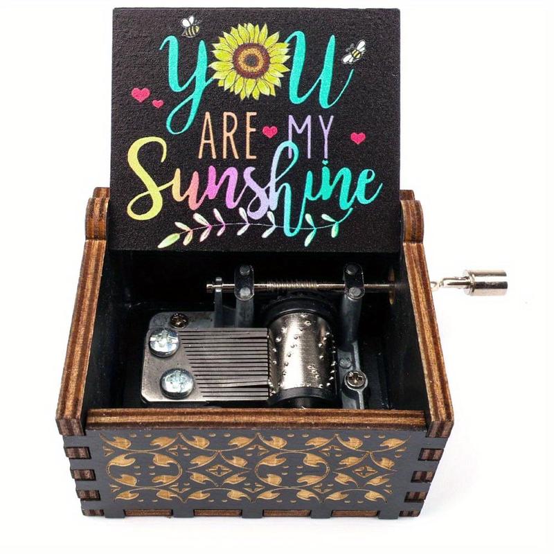 Letter & Sun Pattern Wooden Music Box, 1 Count Hand Crank Music Box, Gift for Wife & Mom & Dad, Birthday & Christmas & Valentine's Day Gift