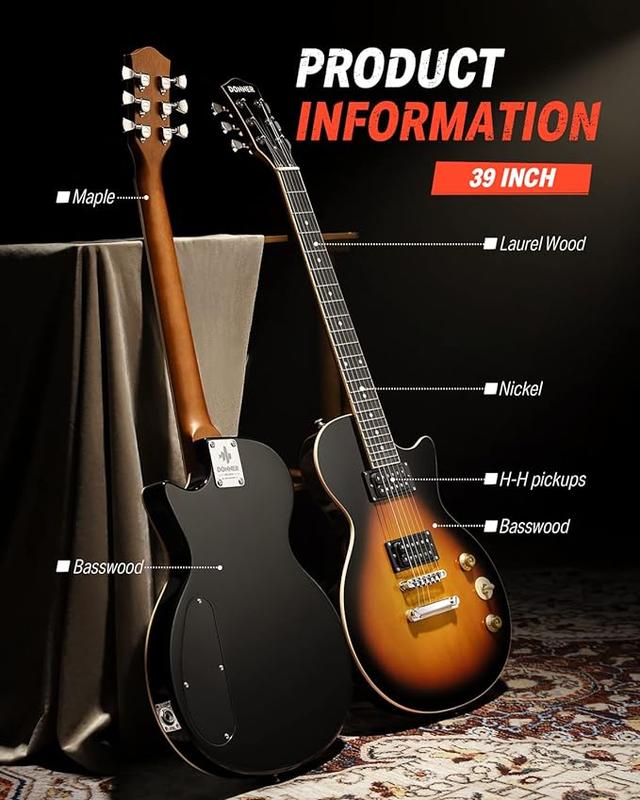 Donner 39 Inch LP Electric Guitar Solid Body Beginner Kit Sunburst Full Size, with Bag, Strap, Cable, for Beginner,DLP-124S