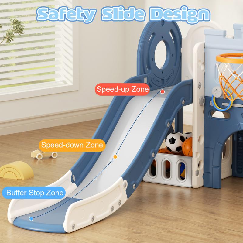 KORIMEFA 8 in 1 Toddler Slide, Pirate Ship Design Slide Kids Slide for Toddlers, Outdoor Indoor Slide with Basketball Hoop, Tunnel and Storage Space Toddlers Outdoor Indoor Playground (Blue)