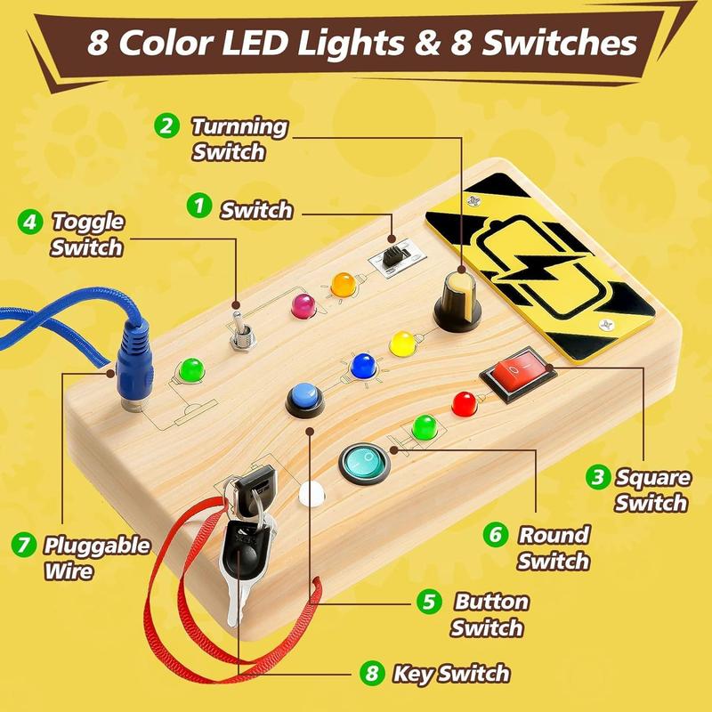 Children's busy board, equipped with 8 LED light switches, travel toys for children, wood sensory toys, gifts for boys and girls, travel essentials.