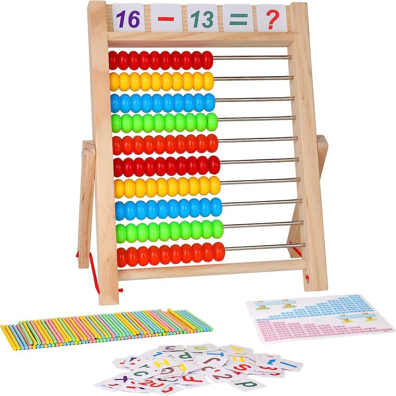 Preschool Math Learning Toy,10-Row Wooden Frame Abacus with Multi-Color Beads, Counting Sticks, Number Alphabet Cards, Gift for  3 4 5 6 Years Old Toddlers Boys Girls