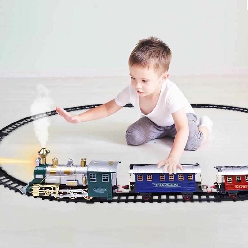 Wesprex Electric Train Set for Kids w Headlight, Realistic Sound, Battery-Operated Toy Train, 1 Locomotive, 2 Compartments, 10 Railway Tracks, Gift for Boys Girls Age 4 5 6 7 - Classic w Smoke