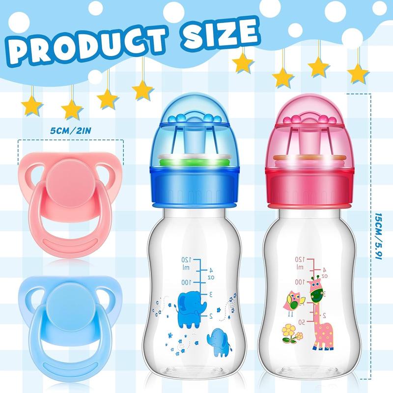 4 Pieces Reborn Baby Doll Accessories, includes 2 Magnetic Pacifier and 2 Baby Doll Bottles Baby Doll Pacifier Feeding Bottle for Reborn Dolls, Random Pattern, Pink and Blue (Cute)