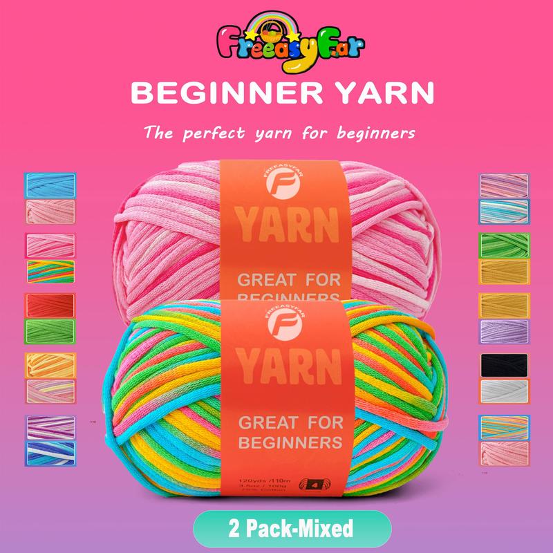 FREEASYFAR 1 Pack Beginner Crochet and Knit Yarn,Soft Cotton Blend Yarn for Crocheting and Knitting with Clear Stitches; Worsted-Weight Medium #4;120Yards 3.5Oz;(2 Big Skein-Mixed))