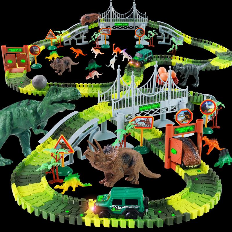 215 Pcs Glow-in-the-Dark Dinosaur Park Jurassic Race Track Train Playset Toys for Kids Car 215 PCS Road Toys for Boys,Girls,Best Toys Gift