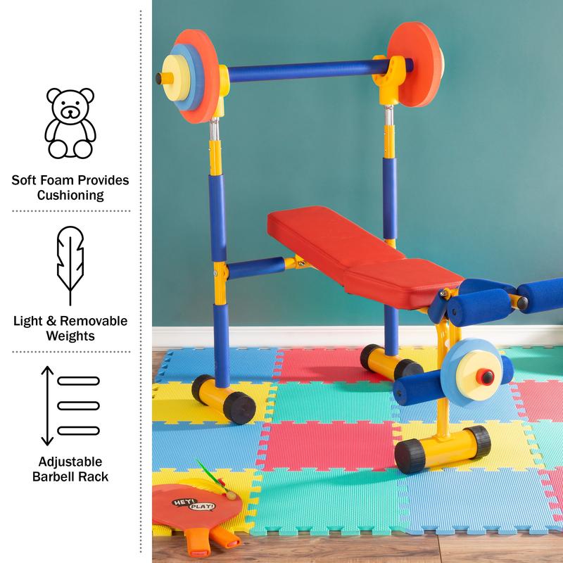 Hey! Play! Kids Weight Bench Set with Leg Press and Barbell for Ages 3 and Up