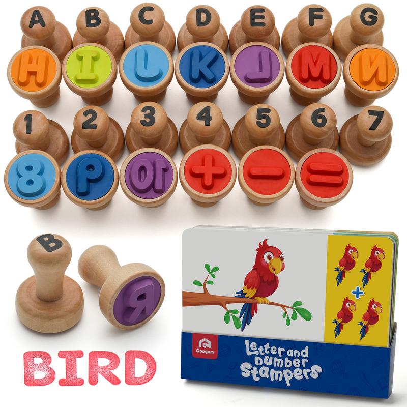 Coogam Wooden Alphabet Number Stamps, Arts and Crafts Supplies Educational Toy Gifts for 3 4 5 Year Old Kids Unisex Learning Language Toys