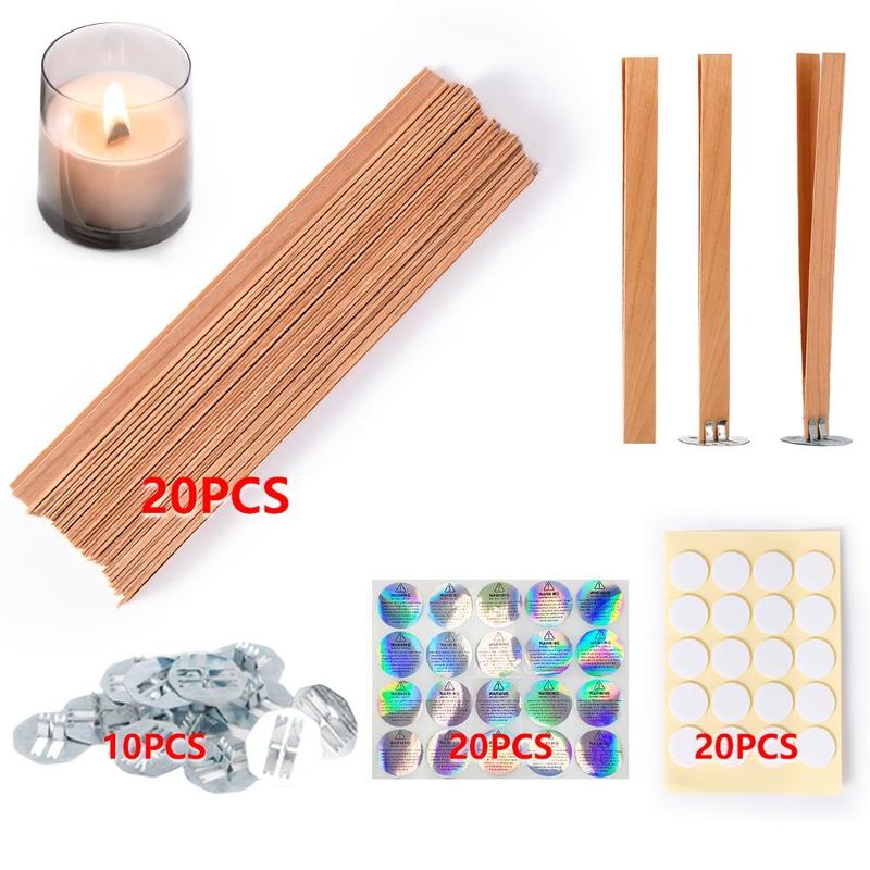 Wooden Candle Wicks Kit, 70 100 200pcs set Candle Making Wicks & Candle Warning Stickers & Base Adhesive Stickers, Candle Making Accessories, DIY Candle Making Supplies for Home Decor