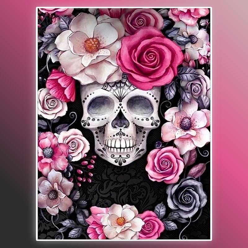 Flower & Skull Pattern Artificial Diamond Painting Kit, DIY 5D Diamond Painting by Numbers Kit Without Frame, Wall Art Decor