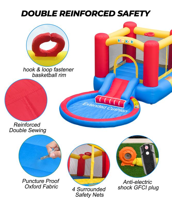 Klo Kick Inflatable Bounce House with Blower for Kids 3-5 y o, Bouncy Castle w Waterslide & Pool for Wet Dry Combo- Red