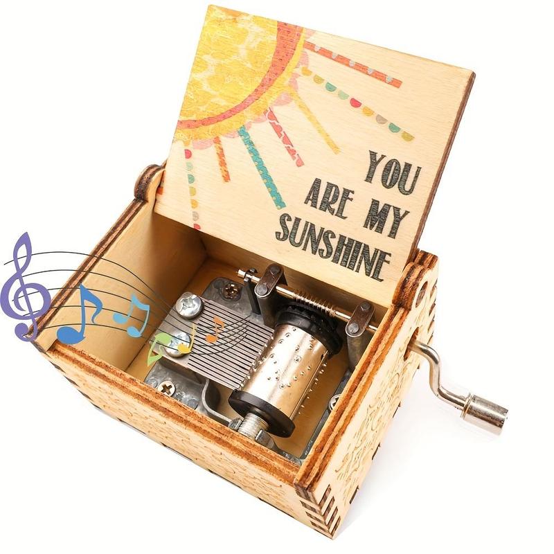 Letter & Sun Pattern Wooden Music Box, 1 Count Hand Crank Music Box, Gift for Wife & Mom & Dad, Birthday & Christmas & Valentine's Day Gift