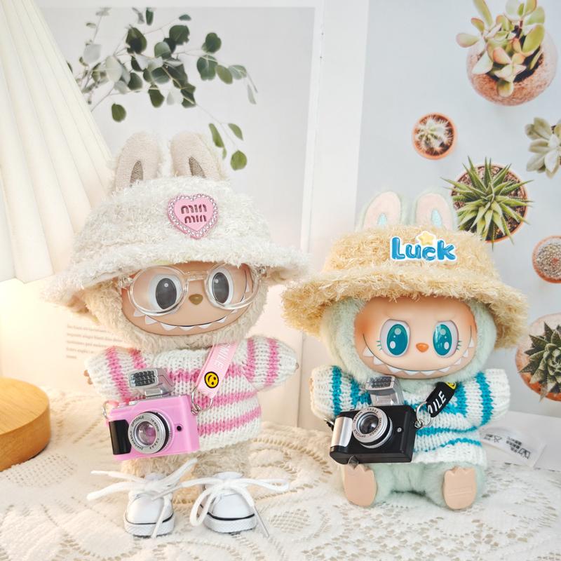 (Clothes Only) Doll Clothes labubu Monsters knit Clothes with Hat Bottle Camera Shoes Glasses, labubu Have A Seat and Macarons Version Christmas Winter Outfit