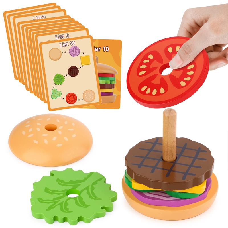 Aizweb Montessori Toys - Wooden Burger Stacking Toys Educational Toys, Fine Motor Skill Toy, Blocks Learning Wooden Magnetic early education