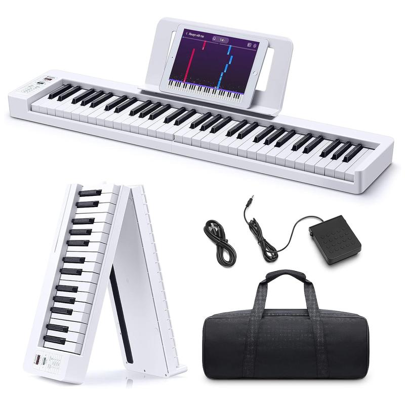 Donner 61-Key Folding Bluetooth Keyboard Piano for Beginners, Portable with Music Rest, Bag, Pedal, and App - White