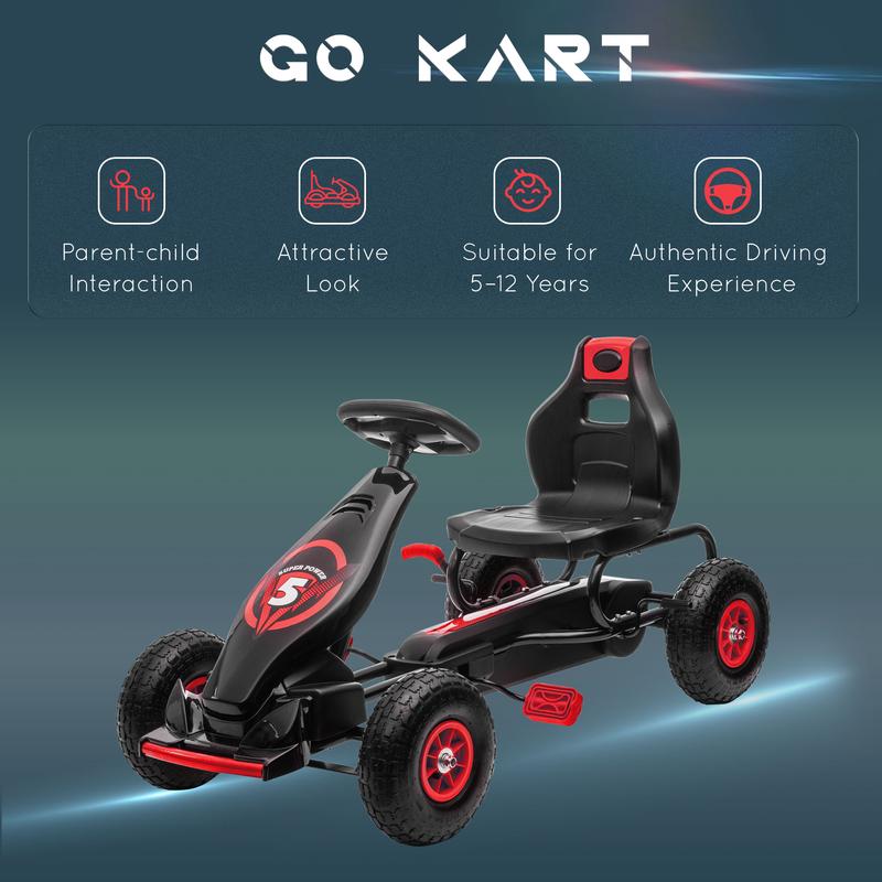 Aosom Kids Pedal Go Kart Ride-on Toy with Ergonomic Comfort, Pedal Car with Tough, Wear-Resistant Tread, Go Cart Kids Car for Boys & Girls with Suspension System, Safety Hand Brake, Ages 5-12