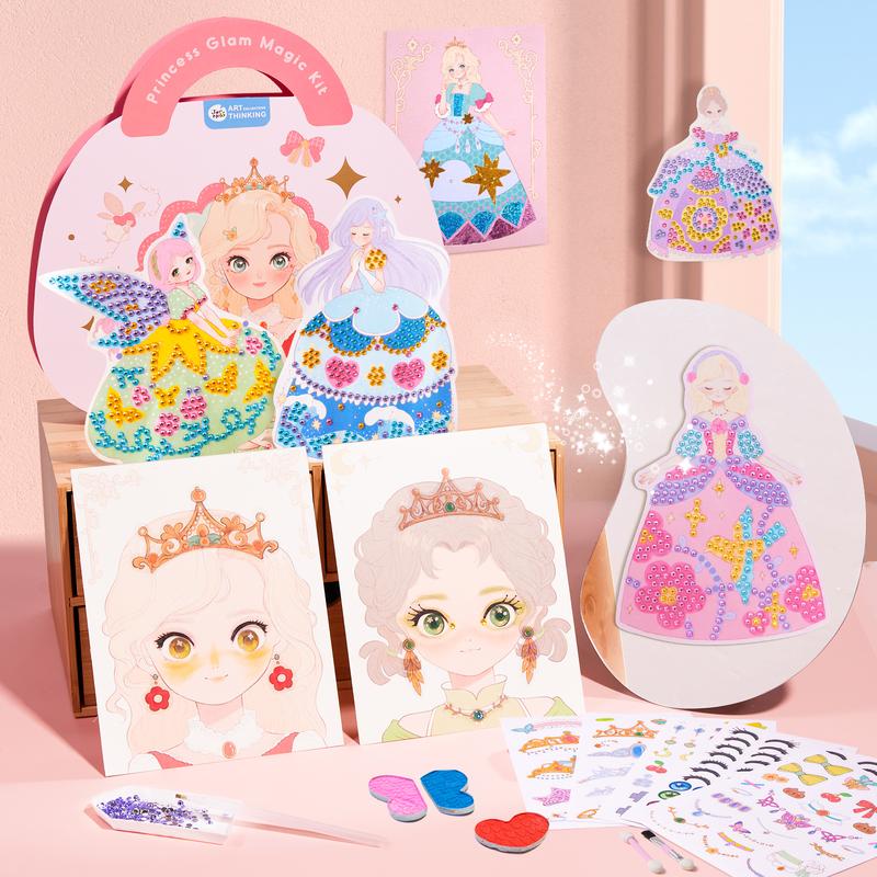 JarMelo Princess Art Craft Kits Foil Art & Diamond Painting Books Kids Make Up Set Play on Paper, Princess Glam Magic Crafts Kit for Girl Gifts