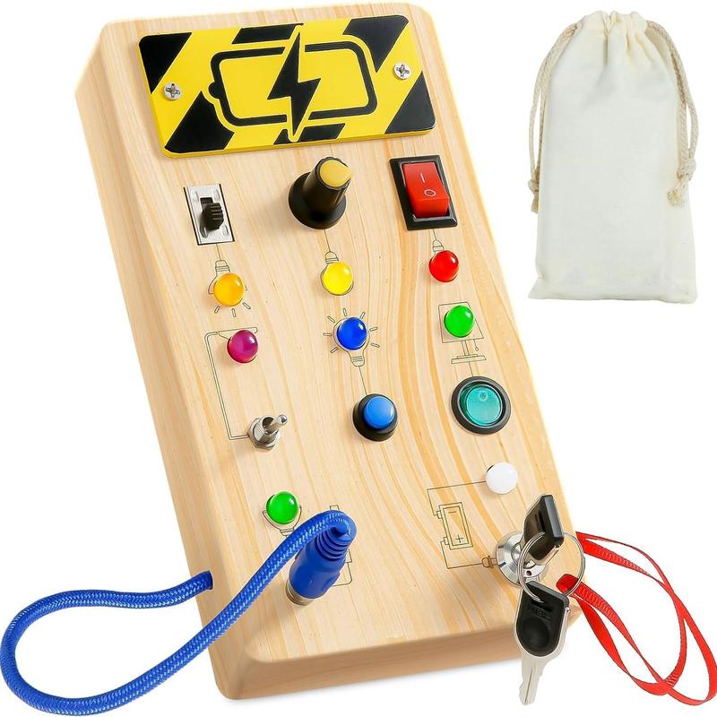 Children's busy board, equipped with 8 LED light switches, travel toys for children, wood sensory toys, gifts for boys and girls, travel essentials.