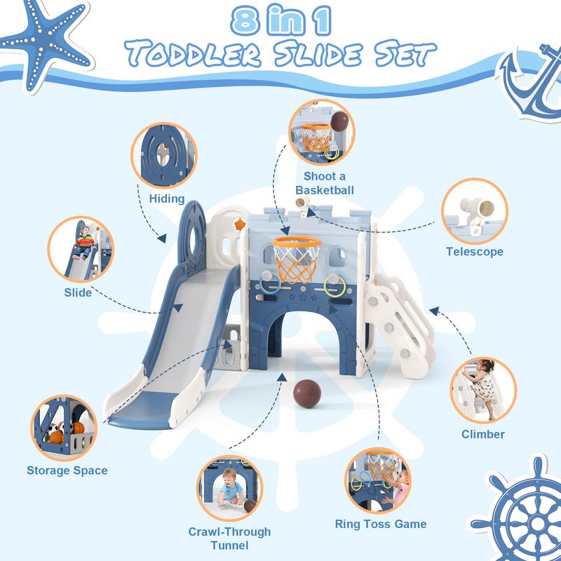 KORIMEFA 8 in 1 Toddler Slide, Pirate Ship Design Slide Kids Slide for Toddlers, Outdoor Indoor Slide with Basketball Hoop, Tunnel and Storage Space Toddlers Outdoor Indoor Playground (Blue)