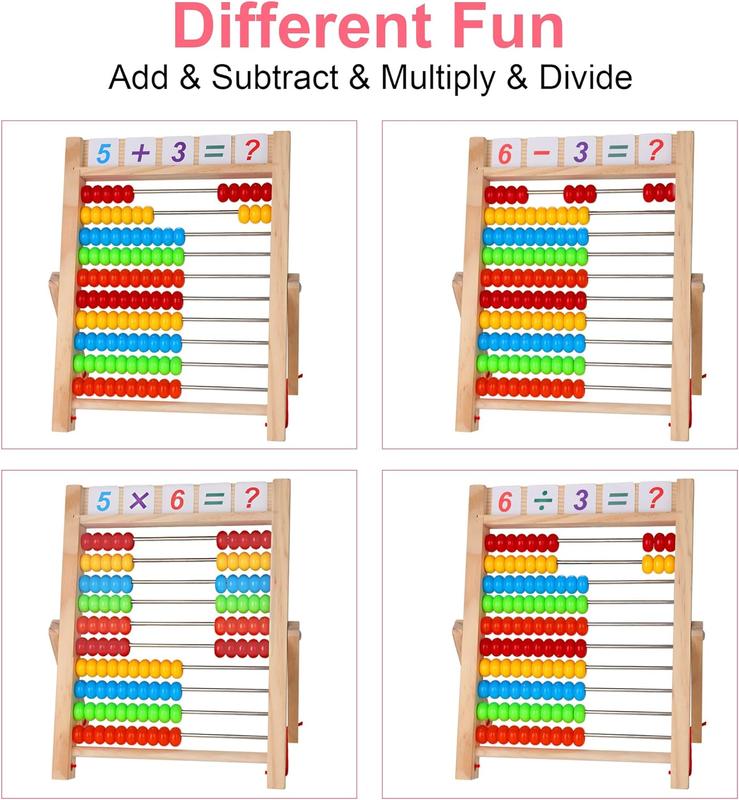 Preschool Math Learning Toy,10-Row Wooden Frame Abacus with Multi-Color Beads, Counting Sticks, Number Alphabet Cards, Gift for  3 4 5 6 Years Old Toddlers Boys Girls