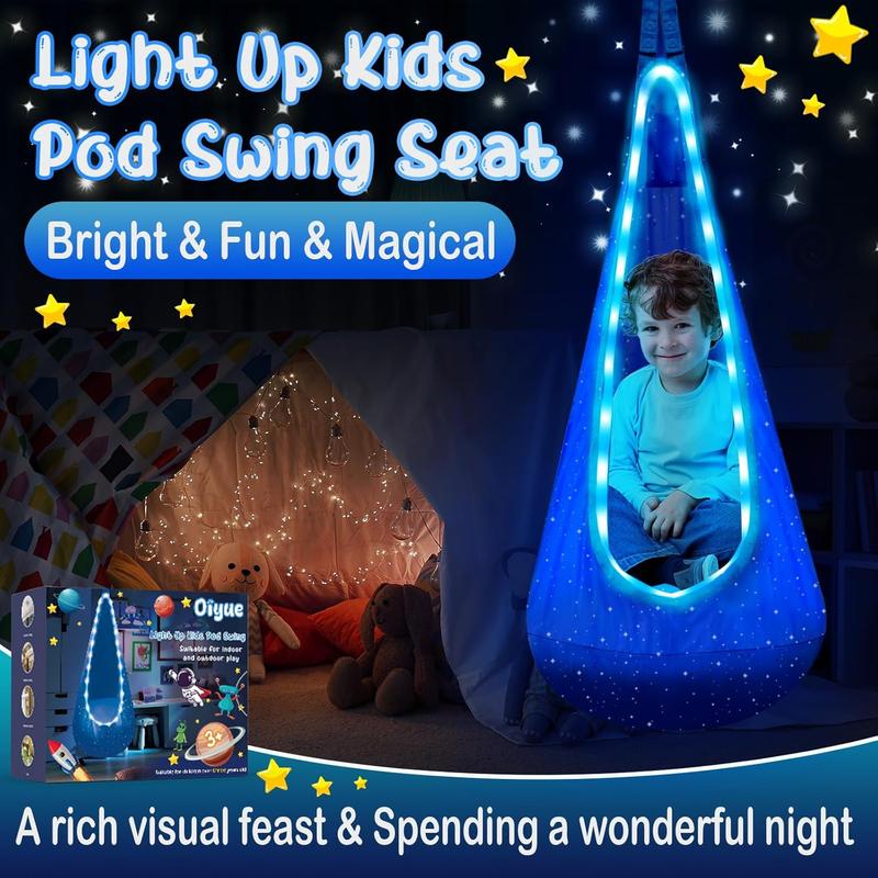 Light Up Kids Pod Swing Seat, Kids Hanging Hammock Swing Chair with LED Lights & Inflatable Pillow, Sensory Swing Pod Swing for Kids