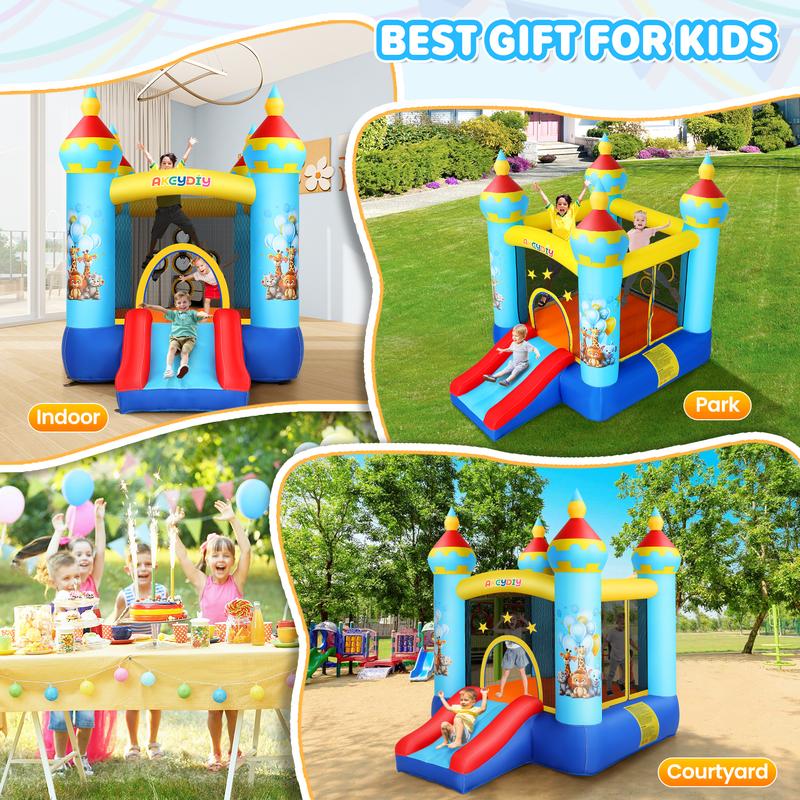 AKEYDIY Bounce House, Outdoor Indoor Fun Bouncy House with Blower, Tropical Jungle Animals Party Bouncer Slide & Jumping Area, Ball Toss Game, Backyard Inflatable Bounce House Gift for Kids 4-8