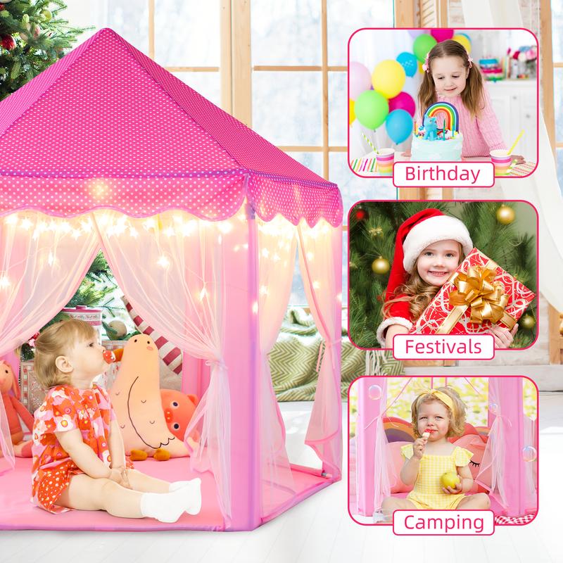 Sumbababy Princess Tent Pink Castle House with Fairy Lights for Girl Playhouse Indoor Outdoor Game Fun Perfect Toy Gifts Star Light  forkids