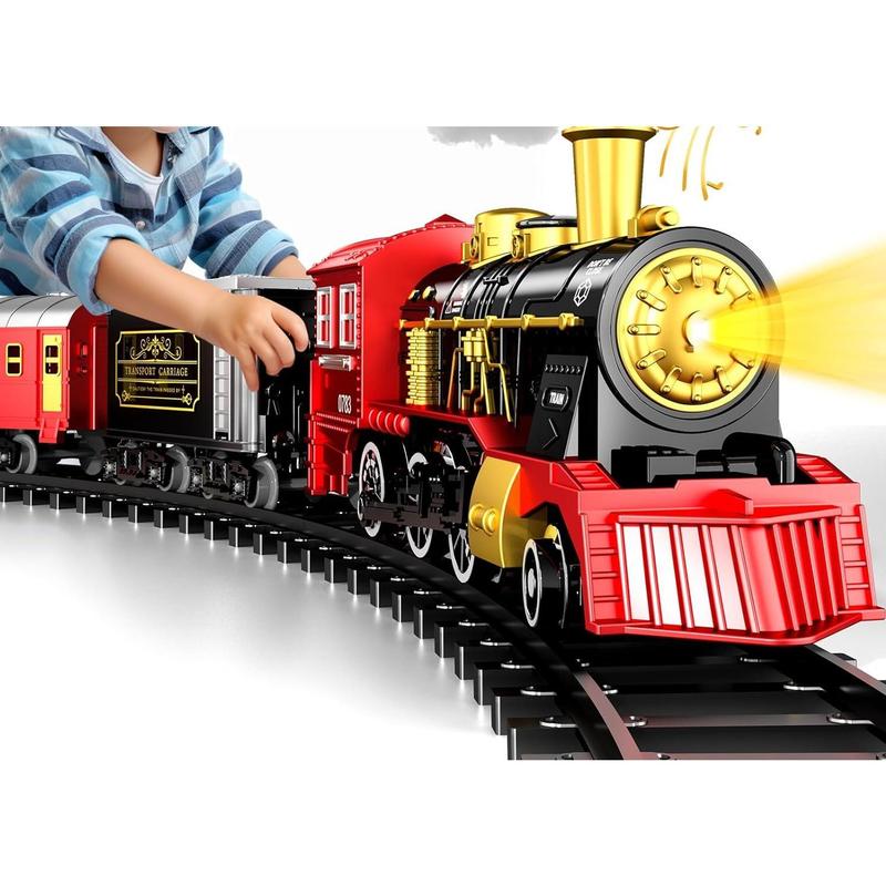 Christmas Gifts Retro Classic Locomotive Engine, Cargo Car and Long Track,Rechargeable Battery Operated Play Train Toys with Smoke, Light&Sounds