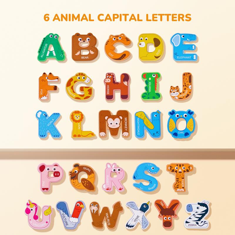 JoyCat Wooden Thick Alphabet Magnets Fridge Large Size Cute Animal Colorful ABC Magnetic Letters 26 Uppercase Letters and 0-9 Numbers Toy Set