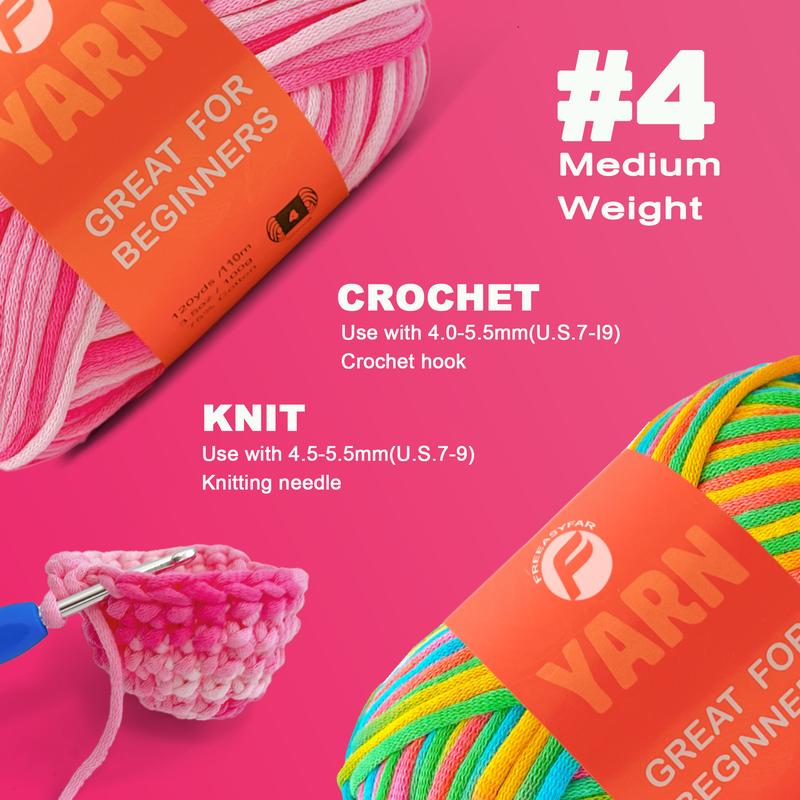 FREEASYFAR 1 Pack Beginner Crochet and Knit Yarn,Soft Cotton Blend Yarn for Crocheting and Knitting with Clear Stitches; Worsted-Weight Medium #4;120Yards 3.5Oz;(2 Big Skein-Mixed))