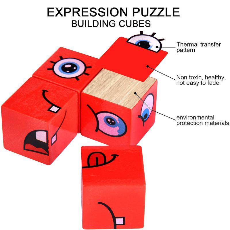 Wooden Face Expresssion Game, Wooden Face Game, Face-Changing Cube Building Blocks Wooden Expressions Matching Block Puzzle Games  Board Games