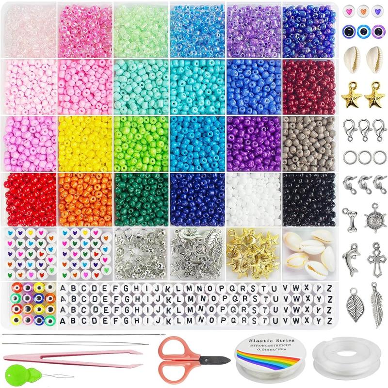 4mm Glass Seed Beads for Jewelry Bracelet Making Kit, Small Beads Friendship Bracelet Kit, Tiny Waist Beads Kit with Letter Beads and Elastic String