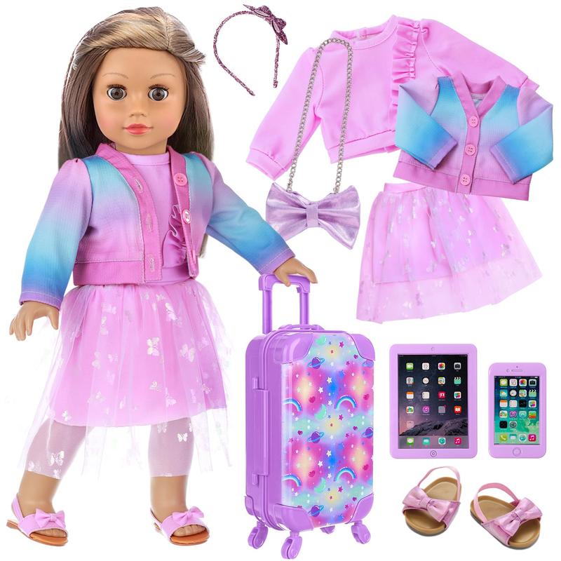 18 Inch Girl Doll Accessories Suitcase Set with Storage Box, Clothes, Skirt, Shoes, Crossbody Bag, Headband, Toy Phone, Toy Tablet (No Doll)