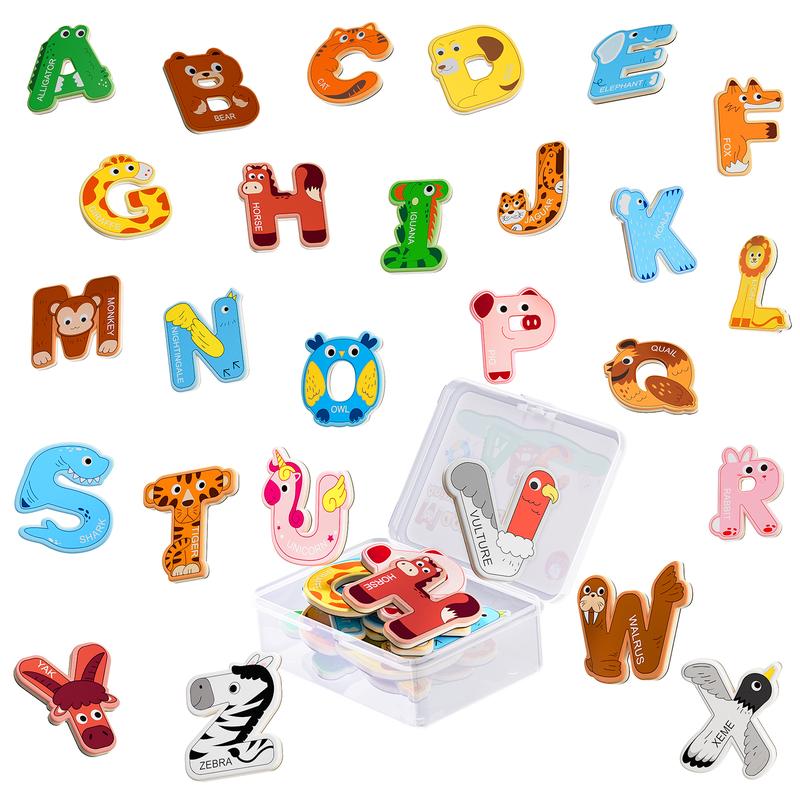 JoyCat Wooden Thick Alphabet Magnets Fridge Large Size Cute Animal Colorful ABC Magnetic Letters 26 Uppercase Letters and 0-9 Numbers Toy Set